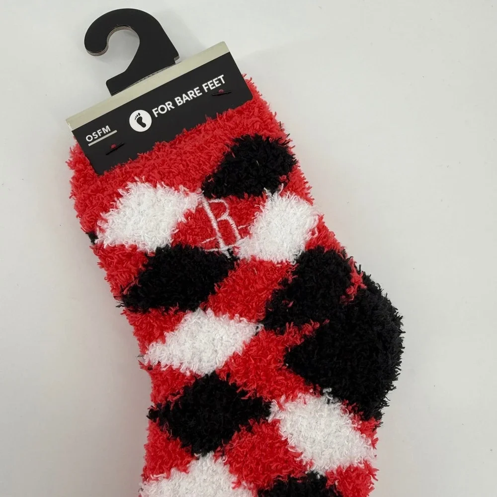 For Bare‎ Feet OSFM Houston Rockets Red Black Argyle Fuzzy Crew Socks NWT